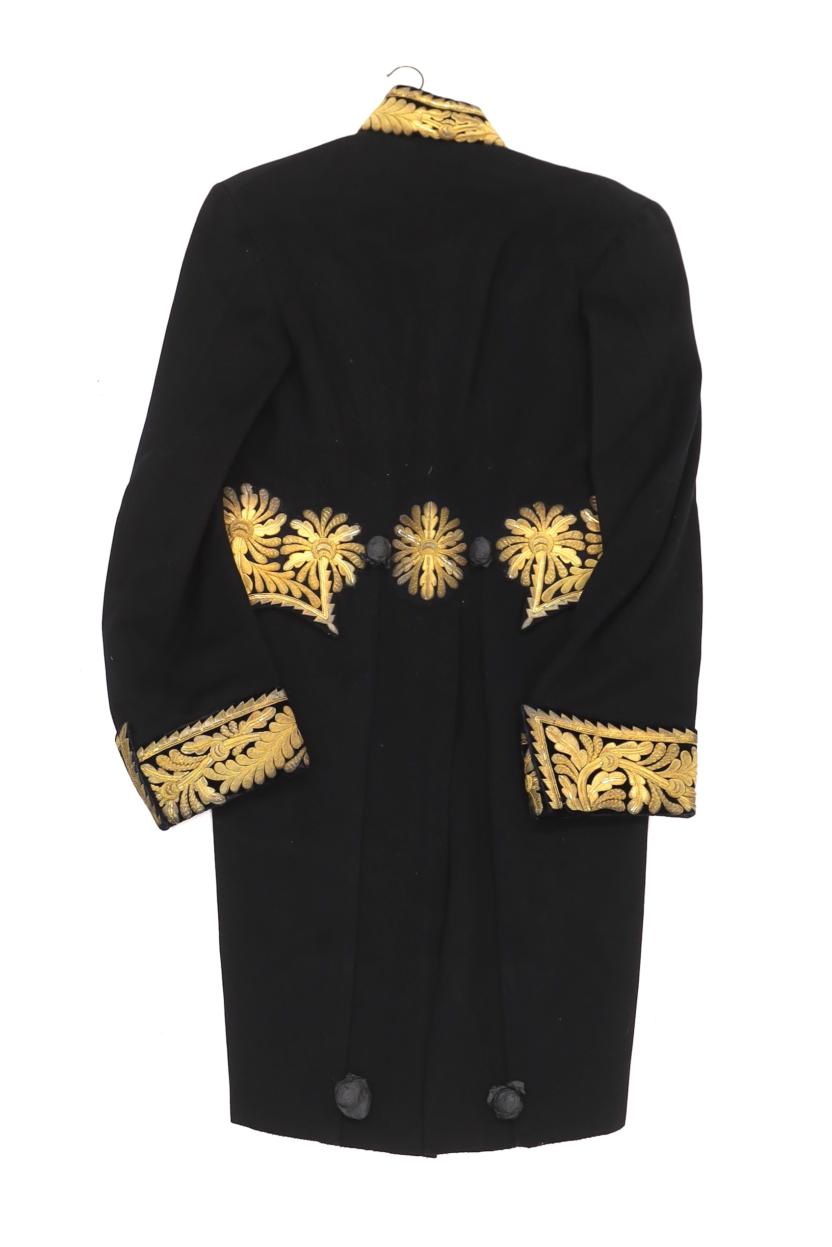 An early 20th century Royal Court tail coat or levee dress with gilt embroidery to collar and cuffs